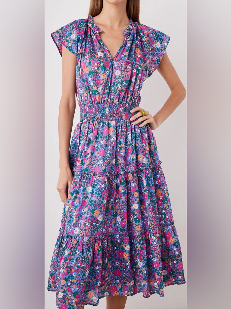 Rails Amelia Dress Leilani Floral Tiered Midi Smocked Waist Cottagecore Boho Sm
